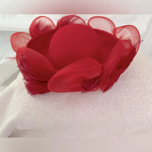 David M Vintage Women’s Red wood hat. Crown covered w/coque,‎ feathers.